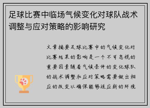 足球比赛中临场气候变化对球队战术调整与应对策略的影响研究