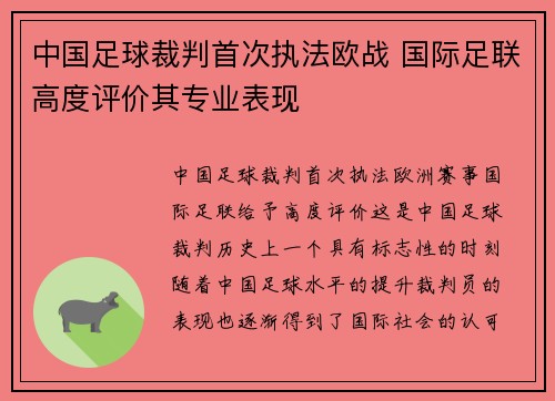 中国足球裁判首次执法欧战 国际足联高度评价其专业表现 中国足球裁判首次执法欧战 国际足联高度评价其专业表现