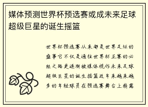 媒体预测世界杯预选赛或成未来足球超级巨星的诞生摇篮